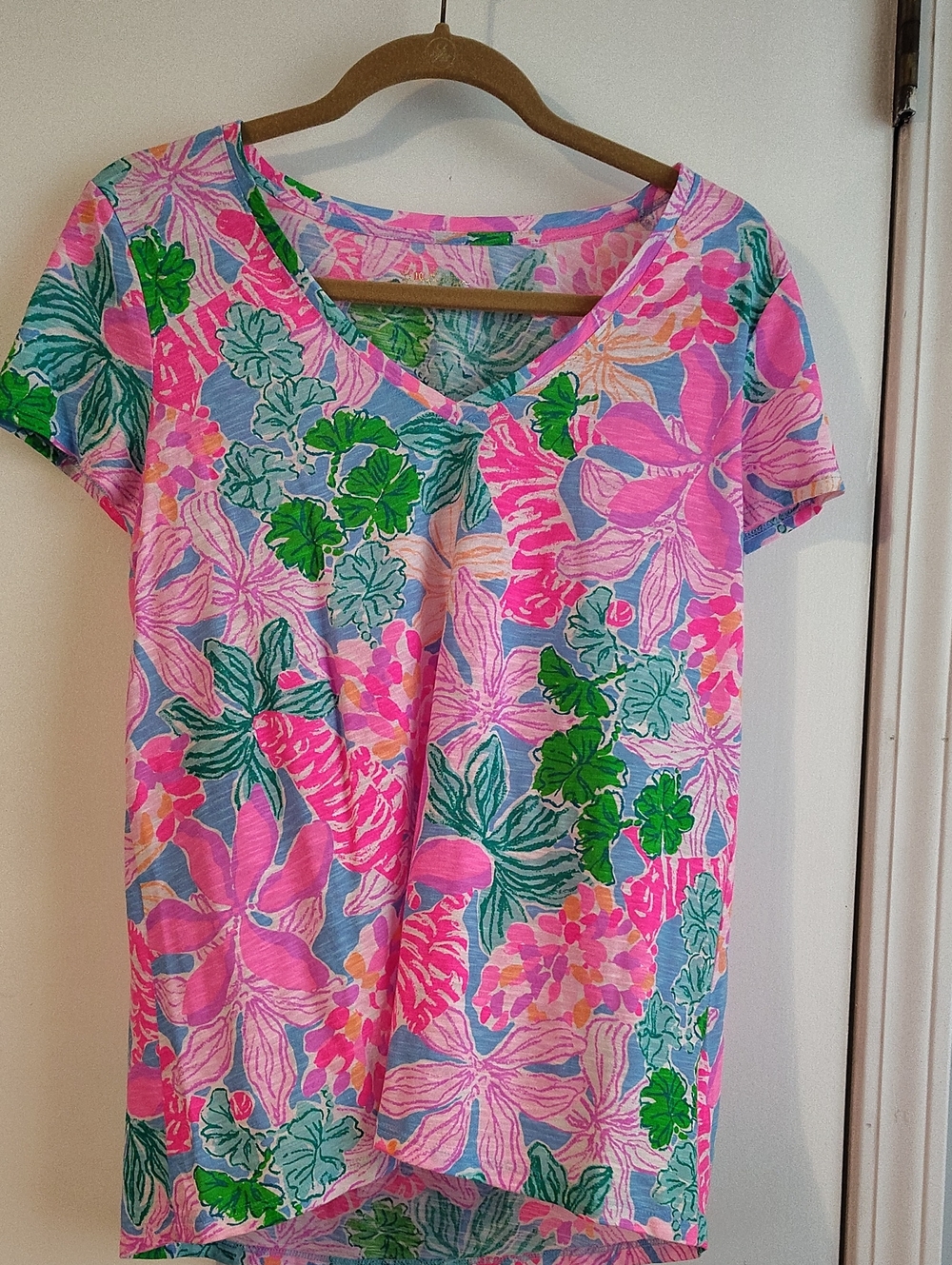 Lilly Pulitzer Pink Floral V-Neck Tee with Green Accents